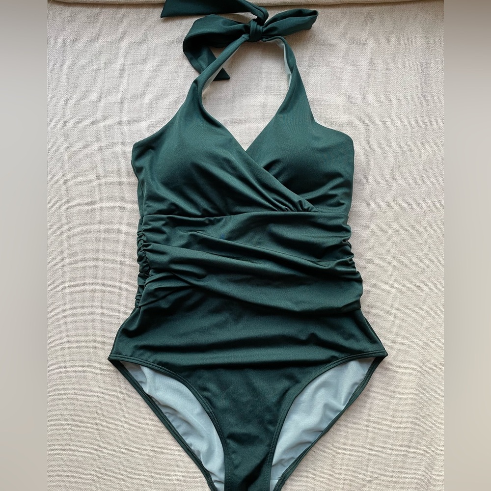 Boden runched halter bathing suit; 8T green